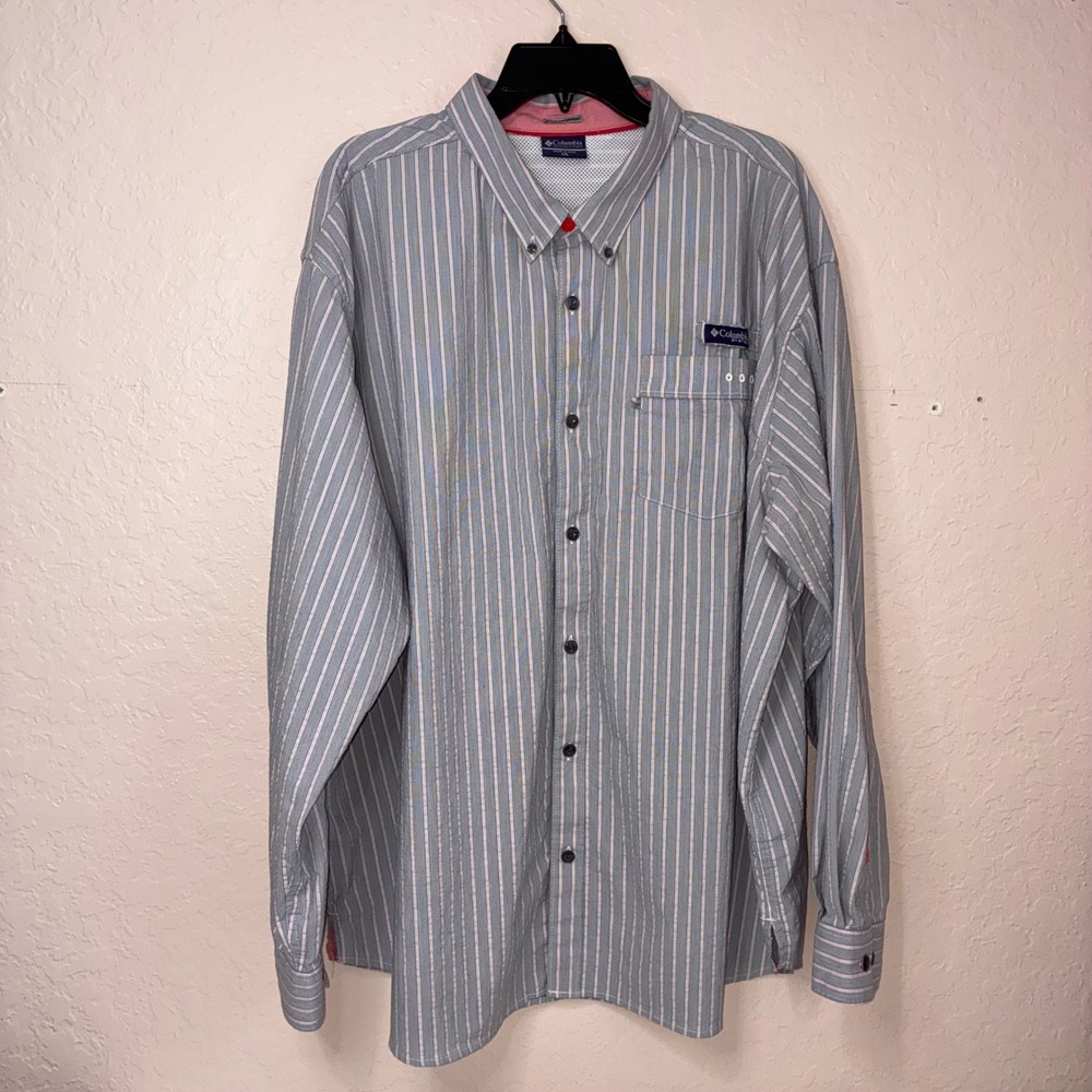 Columbia PFG Long Sleeve vented fish shirt Mens XXL Gray striped Pocket Outdoor